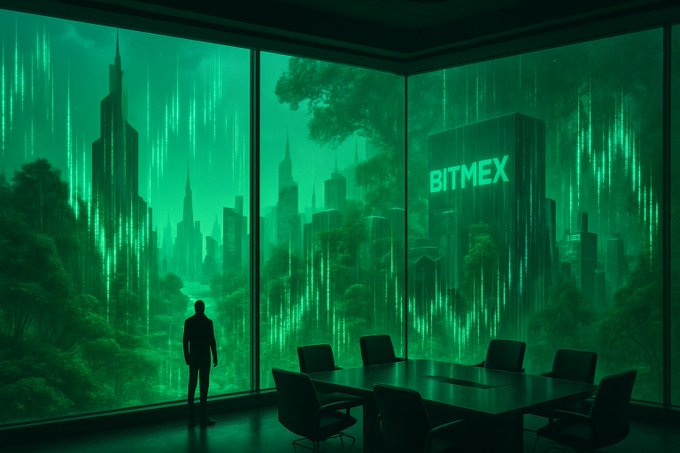 An AI-generated image shows a silhouette of a person standing in a modern conference room with a large table, looking out floor-to-ceiling windows at a green-tinted futuristic cityscape where a skyscraper displays the 'BITMEX' logo.