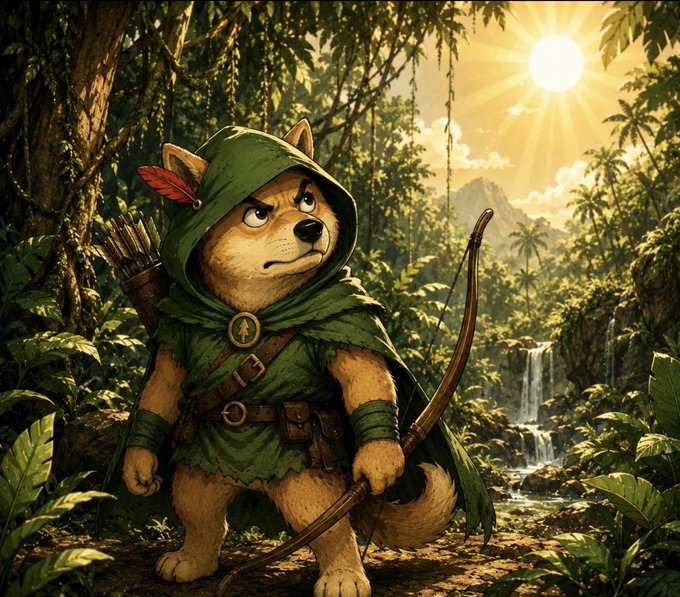 A digital illustration depicts a Shiba Inu dog dressed as a Robin Hood-style archer in green clothing, holding a bow in a sunlit forest with a waterfall.