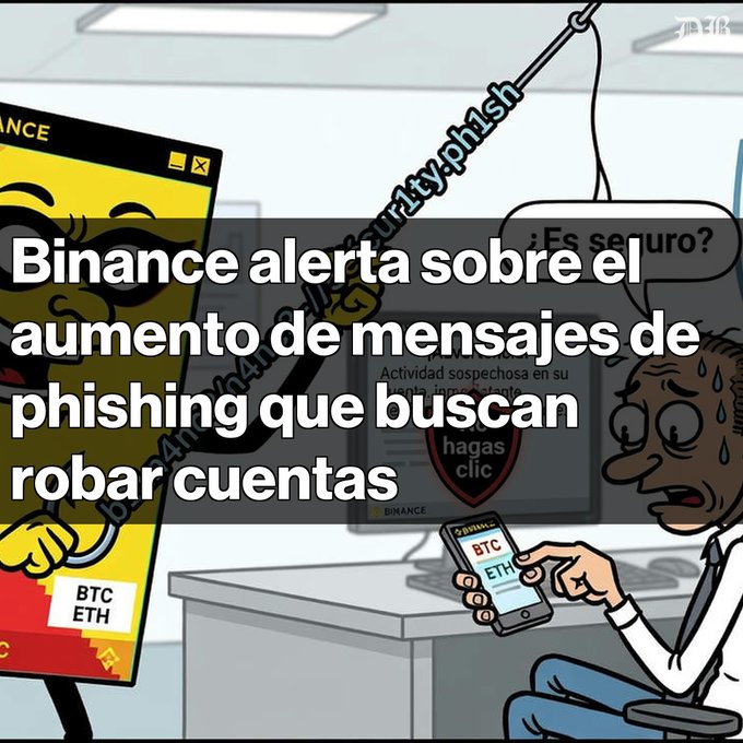 A Spanish-language cartoon illustration with text reading 'Binance alerta sobre el aumento de mensajes de phishing que buscan robar cuentas,' depicting a phishing attempt scenario with a masked hacker and a worried user.