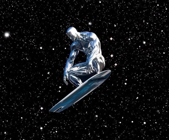 A digital artwork featuring a shiny, metallic silver humanoid figure crouching on a futuristic surfboard or platform, floating in a dark, starry outer space background.