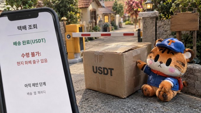 A promotional image featuring a smartphone displaying Korean text for a USDT payment interface, a cardboard box labeled 'USDT', and a tiger mascot in a delivery uniform.