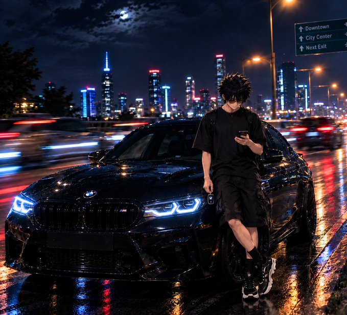 An anime-style illustration of a young man in black clothing leaning against a dark BMW sedan on a wet city street at night, with illuminated skyscrapers and traffic in the background.