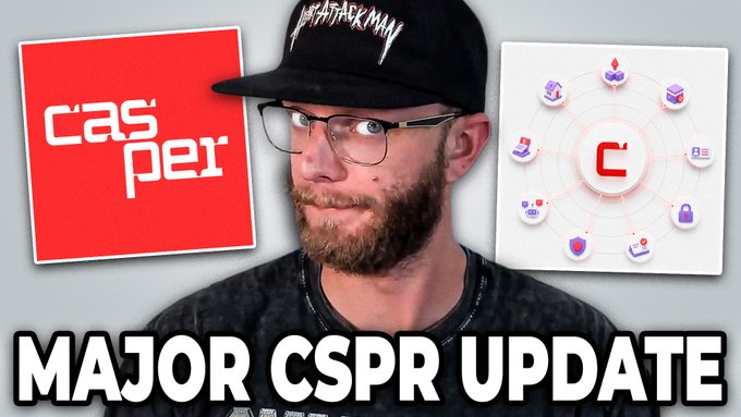 A thumbnail for a YouTube video titled "MAJOR CSPR UPDATE" featuring "Attackman" in a black cap and glasses, with the Casper (CSPR) logo on the left and a network diagram of related cryptocurrencies on the right, promoting a new show about CSPR price prediction.