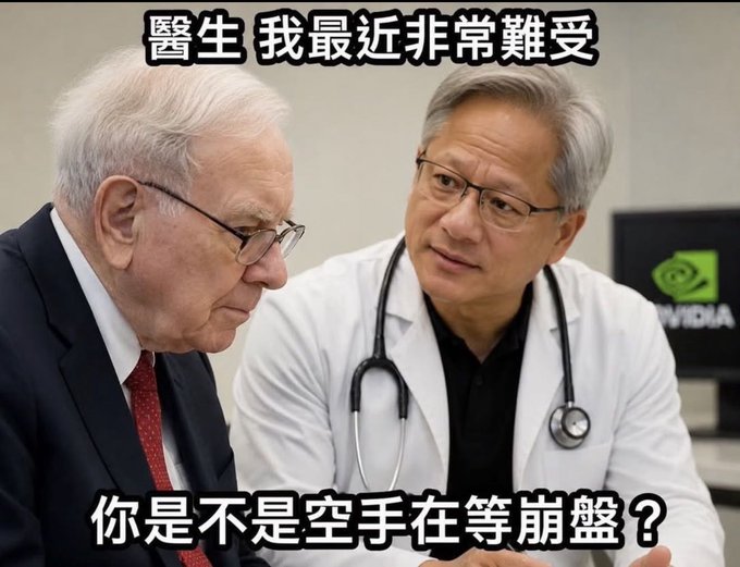 A humorous meme showing Warren Buffett as a patient with Jensen Huang dressed as a doctor, with Chinese text '醫生 我最近非常難受' (Doctor, I've been feeling very unwell lately) and '你是不是空手在等崩盤？' (Are you waiting for a crash with empty hands?).