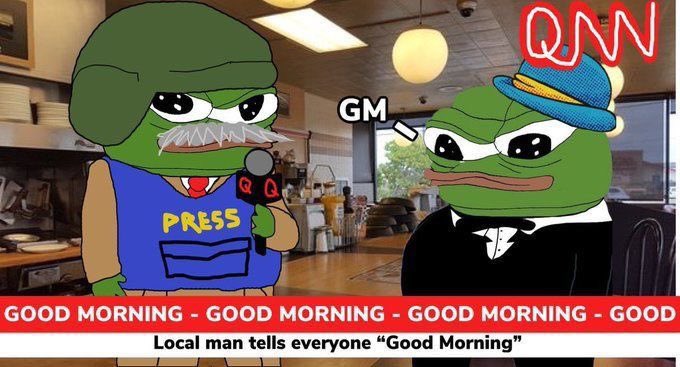 A Pepe the Frog-themed news meme where one frog wearing a blue 'PRESS' vest interviews another in a suit and hat labeled 'GM', with a ticker reading 'GOOD MORNING - GOOD MORNING - GOOD MORNING - GOOD' and 'Local man tells everyone "Good Morning"'.
