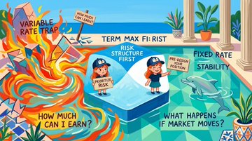 The image is a vibrant, illustrated comparison contrasting a "Variable Rate Trap" (depicted with flames and warning signs like "HOW MUCH CAN I EARN?") against "Fixed Rate Stability" (shown with calming blue tones, a dolphin, and signs like "PROTECTED RISK" and "TERM MAX FI: RIST"), with two cartoon figures at a central podium labeled "RISK STRUCTURE FIRST." It visually represents the post's message about TermMaxFi's new solution for leveraging holdings like XAUt, SPCXB, and NVDAB to earn yield rather than letting them sit idle, shifting from the anxiety of market volatility to the security of fixed-rate returns.
