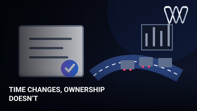 A graphic with the text 'TIME CHANGES, OWNERSHIP DOESN'T' showing a document with a checkmark and icons of vehicles on a curved road.