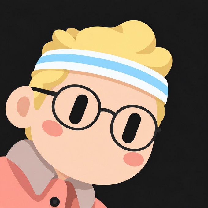 A digital illustration of a cartoon character with blonde hair, round black glasses, a blue and white striped headband, and blushing cheeks against a dark background.