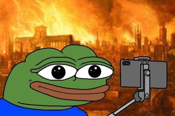 A sad Pepe the Frog meme taking a selfie with a phone on a tripod against a backdrop of a burning city.