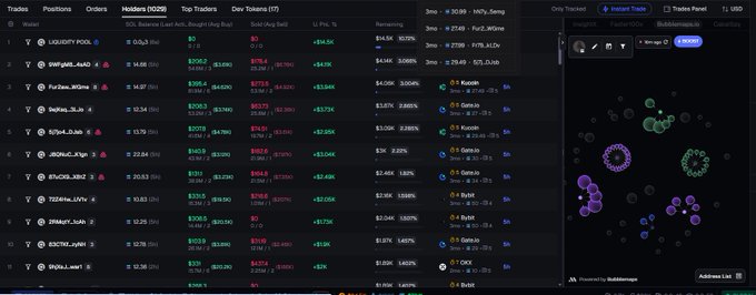 A complex cryptocurrency trading dashboard shows token holders, positions, and orders for various tokens including 'LIQUIDITY', 'SWIFUSE', and 'ForDee', alongside a bubble map visualization on the right.