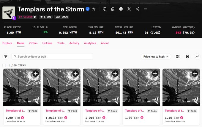 An OpenSea listing page for the 'Templars of the Storm' NFT collection, showing a floor price of 1.00 ETH and various items priced between 1.00 and 1.15 ETH.