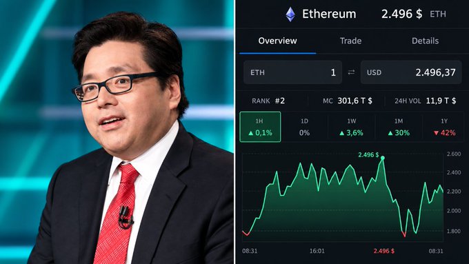A split-screen image shows a suited man with glasses and a red tie on the left, alongside an Ethereum price dashboard showing ETH at $2,496.37, ranked #2 with $301.6T market cap and 1H chart data on the right.