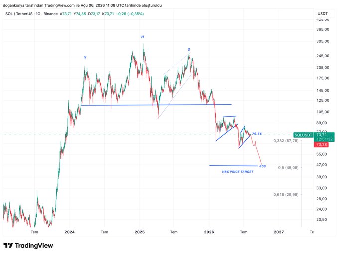 The post shows a daily candlestick chart for SOL/USDT on Binance dated August 6, 2026, with a price of $73.71 (-0.35%). The chart displays Elliott Wave labels (S, H, S) marking peaks, a descending triangle/consolidation pattern near current price, and a projected bearish move down to a Fibonacci 0.5 retracement target around $45.08, indicated by the "H&S PRICE TARGET" annotation. This visualizes the poster's expectation that Solana will break down from its current consolidation and decline toward the $45 level.