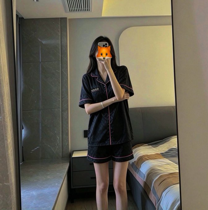 A mirror selfie of a woman wearing black satin pajamas with pink piping and matching shorts, with a fox emoji covering her face, taken in a modern bedroom.