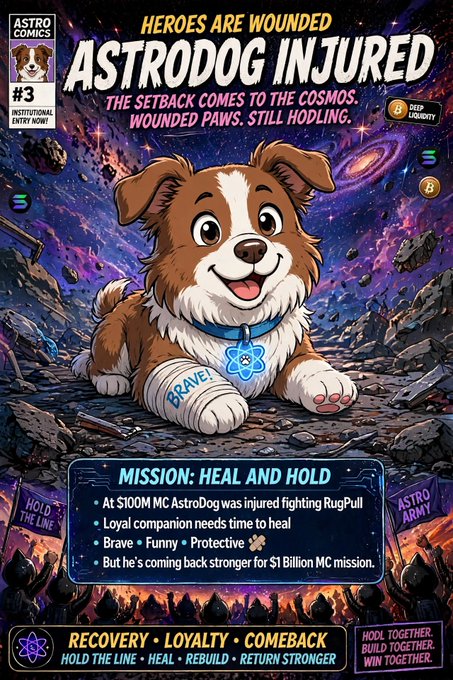 A comic book cover titled 'ASTRODOG INJURED' (Astro Comics #3) showing a bandaged cartoon dog against a cosmic background, with text 'Heroes Are Wounded', 'Mission: Heal and Hold', and 'At $100M MC AstroDog was injured fighting RugPull'.
