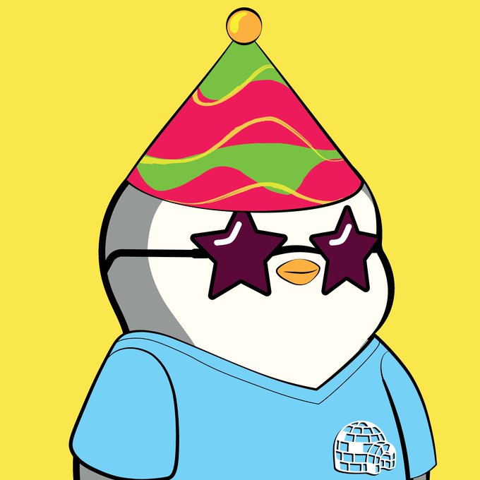 A cartoon penguin wearing a colorful party hat and star-shaped sunglasses, dressed in a light blue shirt with an igloo logo, set against a yellow background.