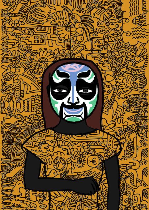 A figure wearing a blue, white, and green lucha libre-style wrestling mask stands against a vibrant orange background densely filled with doodle-like sketches, visually representing Hashmask #10574 awarded to @leshthelove in the honorable mention announcement.