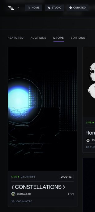 A screenshot of a digital art marketplace displaying a dark, futuristic 'CONSTELLATIONS' artwork by brutalenth, marked as live with a 02:05:16:56 timer.