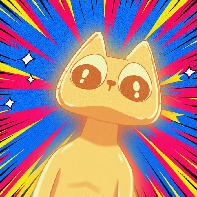 An illustration of an orange cat with large, surprised eyes set against a vibrant, colorful pop-art background with radiating lines and sparkles.