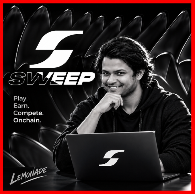 A promotional graphic for 'SWEEP' featuring a smiling man using a laptop, with the tagline 'Play. Earn. Compete. Onchain.' and branding for 'Lemonade'.