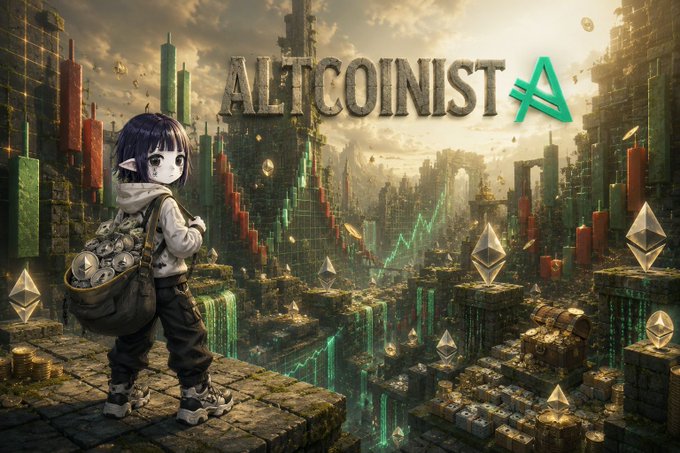 An anime-styled character holding a bag of coins stands before a sprawling crypto-themed cityscape featuring Ethereum logos, candlestick charts, and the bold text "ALTCOINIST" — visually capturing the post's theme of an altcoin trader staying vigilant during a market shift, refusing to sleep through emerging opportunities in "the trenches."