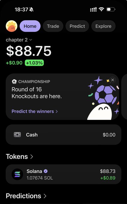 A mobile app dashboard displays a portfolio value of $88.75 (+1.03%), showing 1.07674 SOL worth $88.73 alongside a "chapter 2" label, capturing the post's "1 solana & a dream" sentiment of holding a modest but growing Solana position.