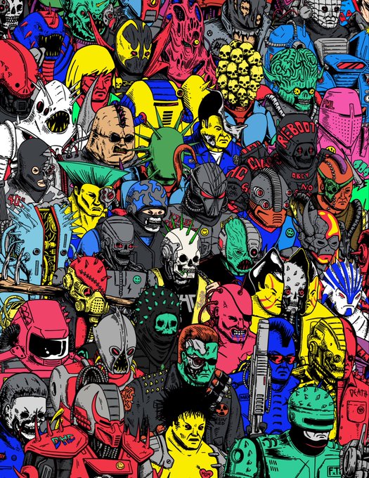 A densely packed, colorful illustration featuring a chaotic crowd of various characters including robots, monsters, and skull-faced figures in a comic book style.