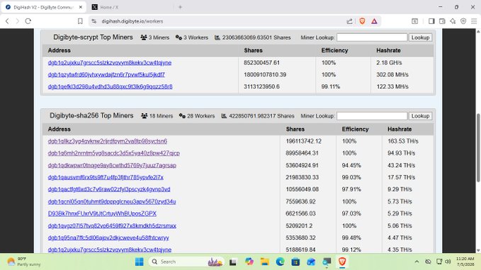 A browser screenshot of Digibyte mining statistics shows top miners, shares, efficiency, and hashrate data for the Digibyte-script and Digibyte-sha256 networks.