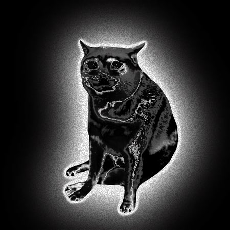 A high-contrast, black-and-white stylized image of a dog sitting, appearing to glow with a white outline against a dark background.