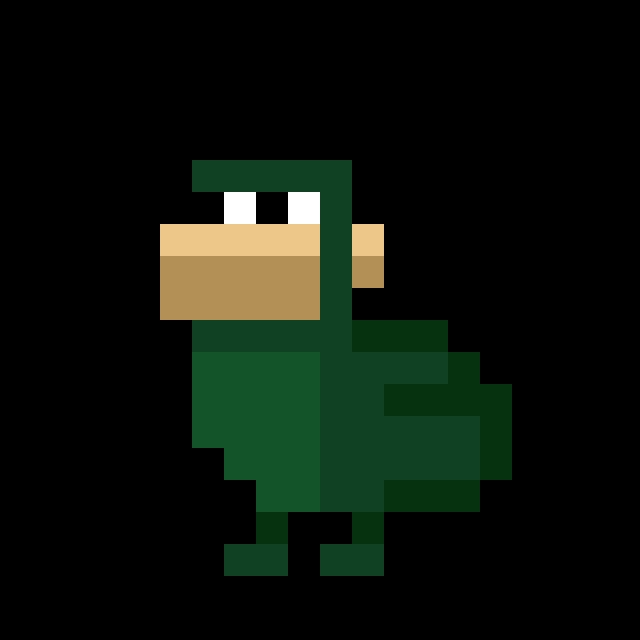 A pixel art illustration depicts a green duck-like character with a tan face and bill, reminiscent of retro video game sprites.
