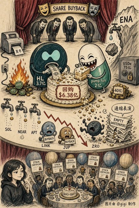 A complex illustrated scene titled 'SHARE BUYBACK' showing various crypto characters and elements including ENA, pump.fun, HL, and a $6.38亿 (638 million) buyback cake, with falling figures for SOL, NEAR, APT, LINK, JUP, and ZRO, and a crowd holding stock certificates at the bottom.