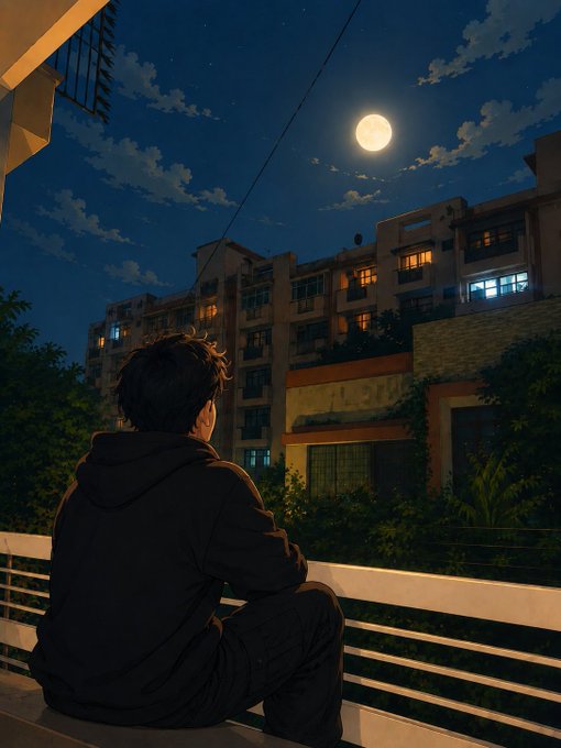 An anime-style illustration shows a young man sitting on a balcony at night, looking at a full moon over illuminated apartment buildings.