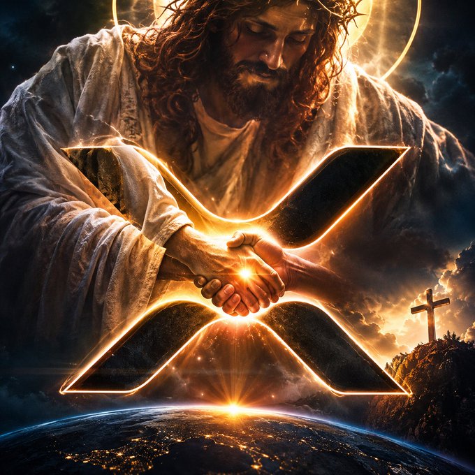 A serene image of Jesus holding a glowing XRP logo with a cross on a distant hill, symbolizing the poster's heartfelt prayer for longevity and financial blessings to honor and care for their parents upon XRP reaching $589.