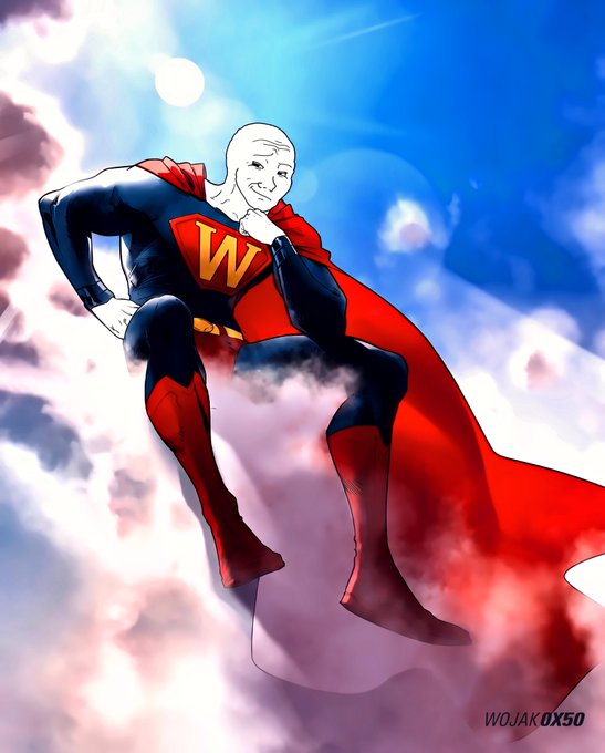 A colorful digital artwork of a superhero figure in a classic costume with red cape and a 'W' emblem on the chest, flying among clouds against a bright blue sky, signed 'WOJAKOXSO' in the corner.