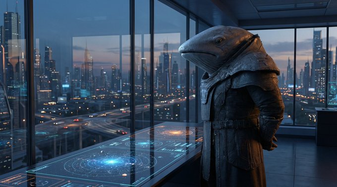 A dolphin-headed figure in a long coat stands at a futuristic glass table displaying holographic star charts, overlooking a sprawling cyberpunk cityscape at dusk—visually evoking the mysterious, hidden nature of "Dark Pools" trading, where deals occur out of sight beneath a polished surface.