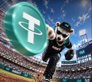 A promotional image featuring an anthropomorphic raccoon mascot wearing sunglasses, a cap, and a gold chain, running on a baseball field while holding a large green token displaying the Tether (USDT) logo, with "MINT" branding visible on its jersey and throughout the stadium.