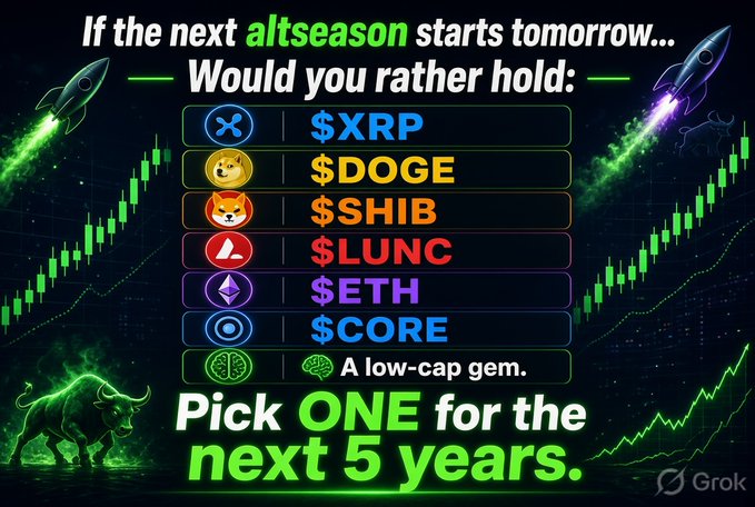 A cryptocurrency altseason poll asking viewers to pick one asset to hold for the next 5 years, with options including $XRP, $DOGE, $SHIB, $LUNC, $ETH, $CORE, or a low-cap gem, set against a green chart background with rockets and a bull.