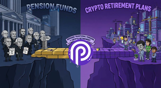 A cartoon illustration comparing 'Pension Funds' (depicted as suited men with traditional bank buildings) to 'Crypto Retirement Plans' (shown as a modern purple crypto city), bridged by a Polkadot logo labeled 'BRIDGING TRADITIONAL PENSIONS <-> CRYPTO RETIREMENT'.
