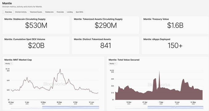 A Mantle dashboard on Blockworks displays onchain metrics including a $530M Stablecoin Circulating Supply, $290M Tokenized Assets Circulating Supply, $1.6B Treasury Value, $20B Cumulative Spot DEX Volume, 841 Distinct Tokenized Assets, and 150+ dApps Deployed, alongside MNT Market Cap and Total Value Secured charts. The data visualization supports the post's claim of providing transparent, real-time verification of Mantle's capital markets activity, reinforcing the "numbers over narrative" message with concrete metrics across financials, tokenized assets, and DeFi activity.