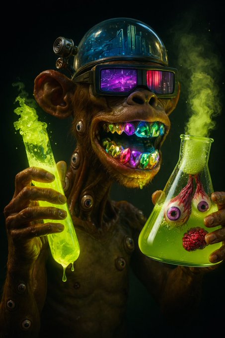 A surreal digital artwork of a chimpanzee wearing futuristic VR goggles and gold teeth, holding flasks of glowing green liquid with eyeballs.