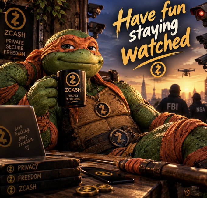 A promotional Zcash ($ZEC) meme featuring a Teenage Mutant Ninja Turtle character holding a coffee mug with 'ZCASH - PRIVACY IS FREEDOM', with the slogan 'Have fun staying watched' and 'Less Tracking. More Freedom.' on a laptop, set against a dystopian background with FBI and NSA agents.