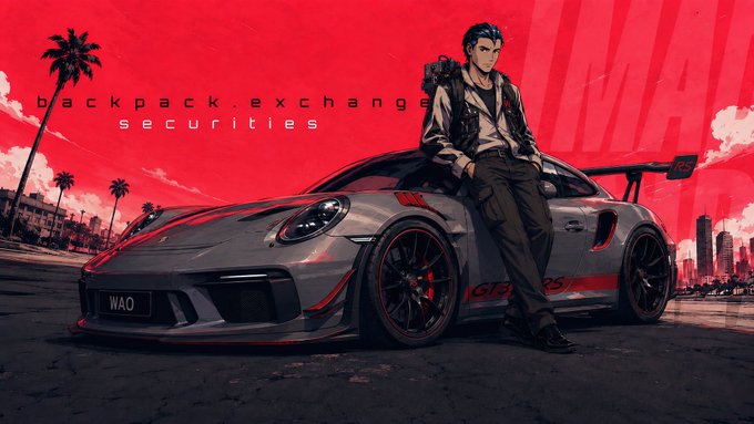 An anime-style illustration shows a man in a white shirt and dark pants leaning against a gray Porsche with red accents (license plate 'WAO') against a red sky with palm trees. Text reads 'backpack.exchange securities' and 'GT3 RS' on the car.