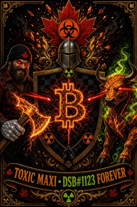 A vibrant, dark fantasy-style NFT art piece featuring a lumberjack with a flaming axe, a knight's helmet, and a fiery bull surrounding a glowing Bitcoin symbol, with text reading 'TOXIC MAXI • DSB#1123 FOREVER' and biohazard symbols.