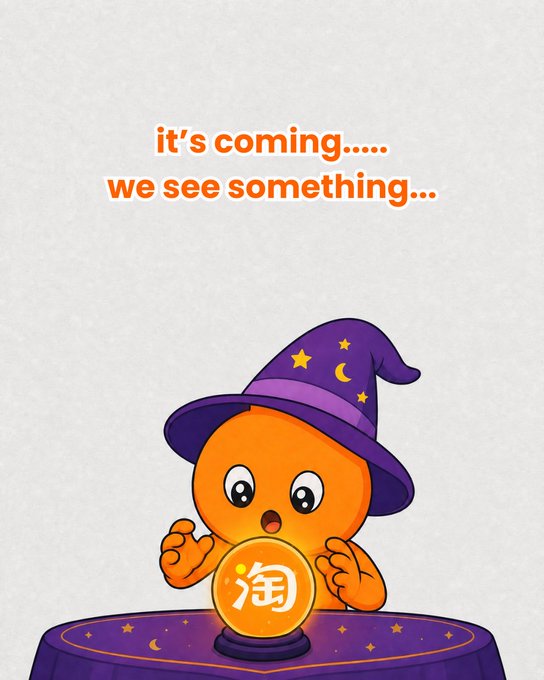 An orange mascot character wearing a purple wizard hat with stars and moons sits at a table in front of a crystal ball with the Chinese character '淘' (Tao), with text above reading "it's coming..... we see something...".