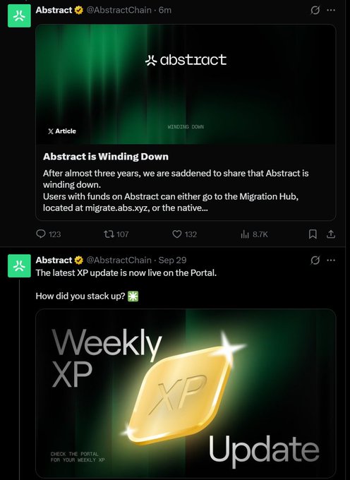 Two Twitter/X posts from Abstract (@AbstractChain) - the first announcing 'Abstract is Winding Down' with users directed to the Migration Hub, and the second promoting the latest 'Weekly XP Update' on the Portal.