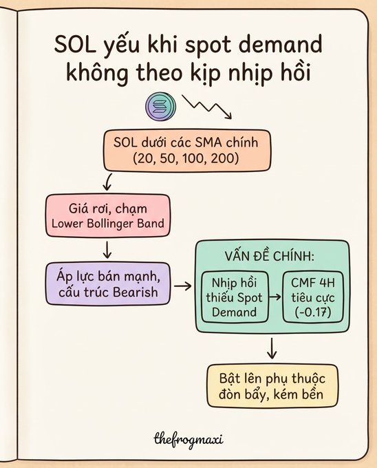 An infographic by 'thefrogmaxi' in Vietnamese explaining why SOL (Solana) will rise when spot demand cannot keep up with the recovery rhythm, detailing moving averages, Bollinger Bands, and bearish pressure.