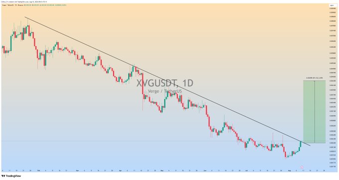 A daily candlestick chart of XVG/USDT on Verge/TetherUS shows the price approaching a long-term descending trendline resistance, with a projected bullish target zone highlighted in green on the right side projecting a potential upside breakout rally.