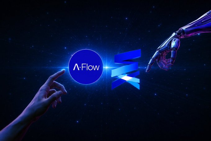 Futuristic graphic showing a human hand and a robotic hand reaching toward each other around an 'A·Flow' logo on a starry background.