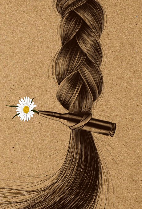 A detailed pencil-style illustration of a long braided ponytail tied with a hairband that holds a small white daisy flower, against a textured beige background.