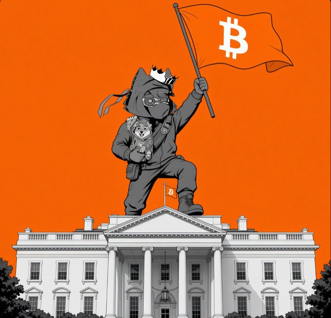 An illustration of an anthropomorphic dog character wearing tactical gear and a crown, holding a small dog and waving a Bitcoin flag while standing atop the White House against an orange background.